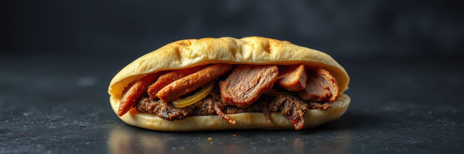 Savory pita filled with grilled chicken and fresh toppings on a dark background